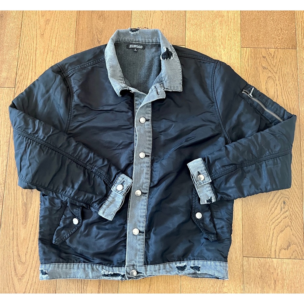 Elwood Distressed Hybrid Denim Bomber Jacket Mens M Black Gray Flight MA1 MA-1